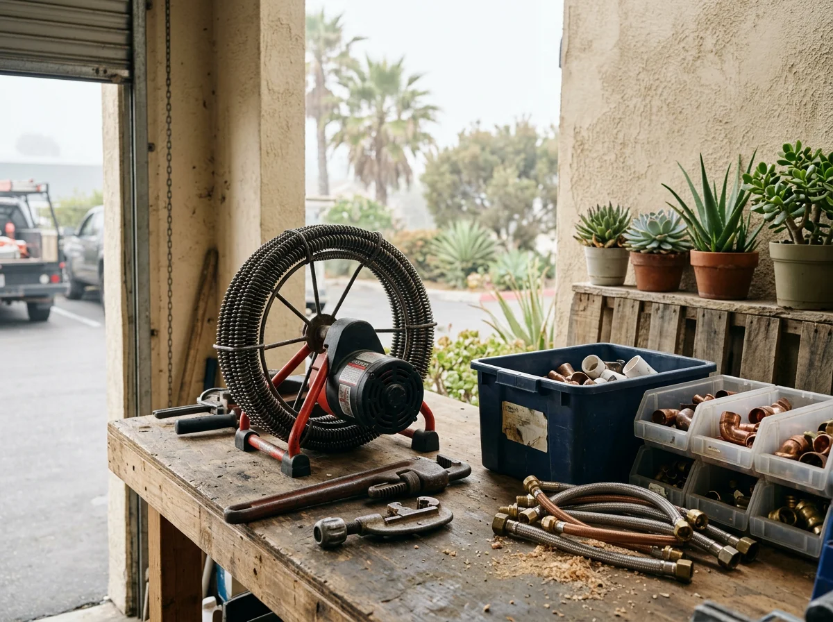 Plumbing tools and supplies arranged for a service call. The image shows the work equipment used on residential plumbing jobs.