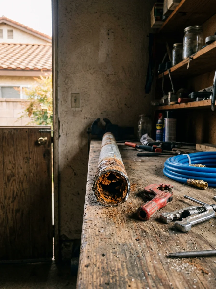 Corroded galvanized steel supply pipe from a pre-1960s Anaheim home showing heavy internal rust and reduced pipe diameter from mineral buildup.