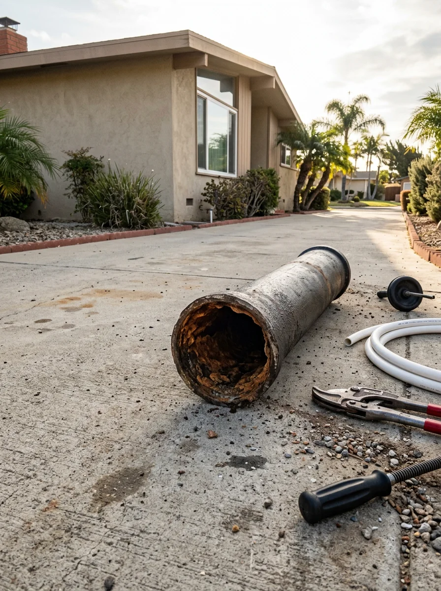 Cast iron drain pipe section removed from a Costa Mesa mid-century home showing heavy scale buildup on the interior walls.