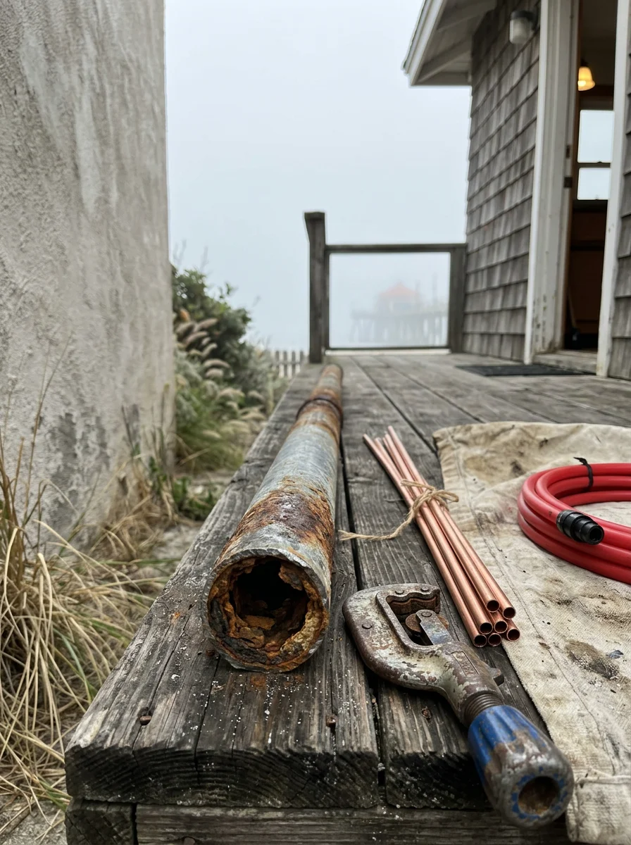 Corroded galvanized steel supply pipe removed from a 1940s beach cottage near the Huntington Beach pier, showing heavy internal rust buildup.