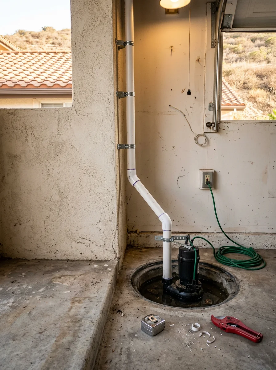 A sump pump installation in a low-lying garage area of a Laguna Hills hillside property, showing the pump basin and discharge pipe routing.