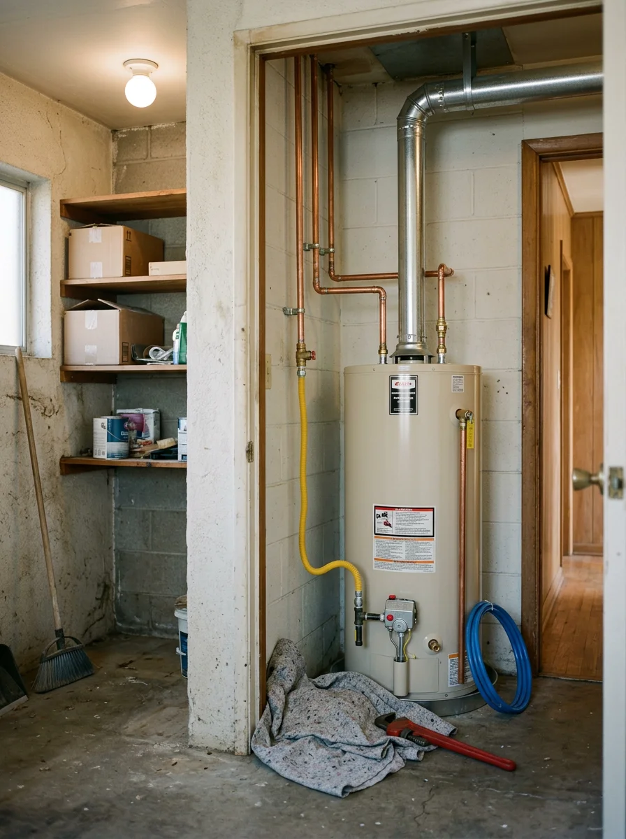 A water heater replacement in a compact utility closet of a mid-century Lakewood ranch home, showing the new tank unit and updated flue connection.