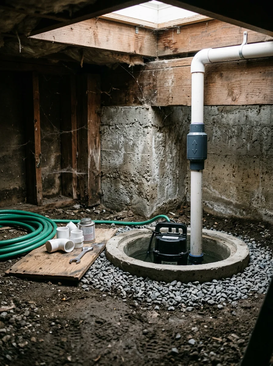 A sump pump installation in a low-lying crawlspace of a Naples Island home in Long Beach, showing the pump basin and discharge line.