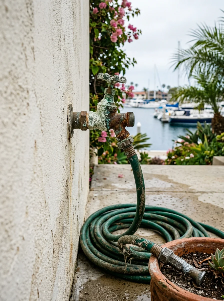 Close-up of a corroded outdoor hose bib on a Newport Beach bay-front property showing salt-air damage to the metal fittings.