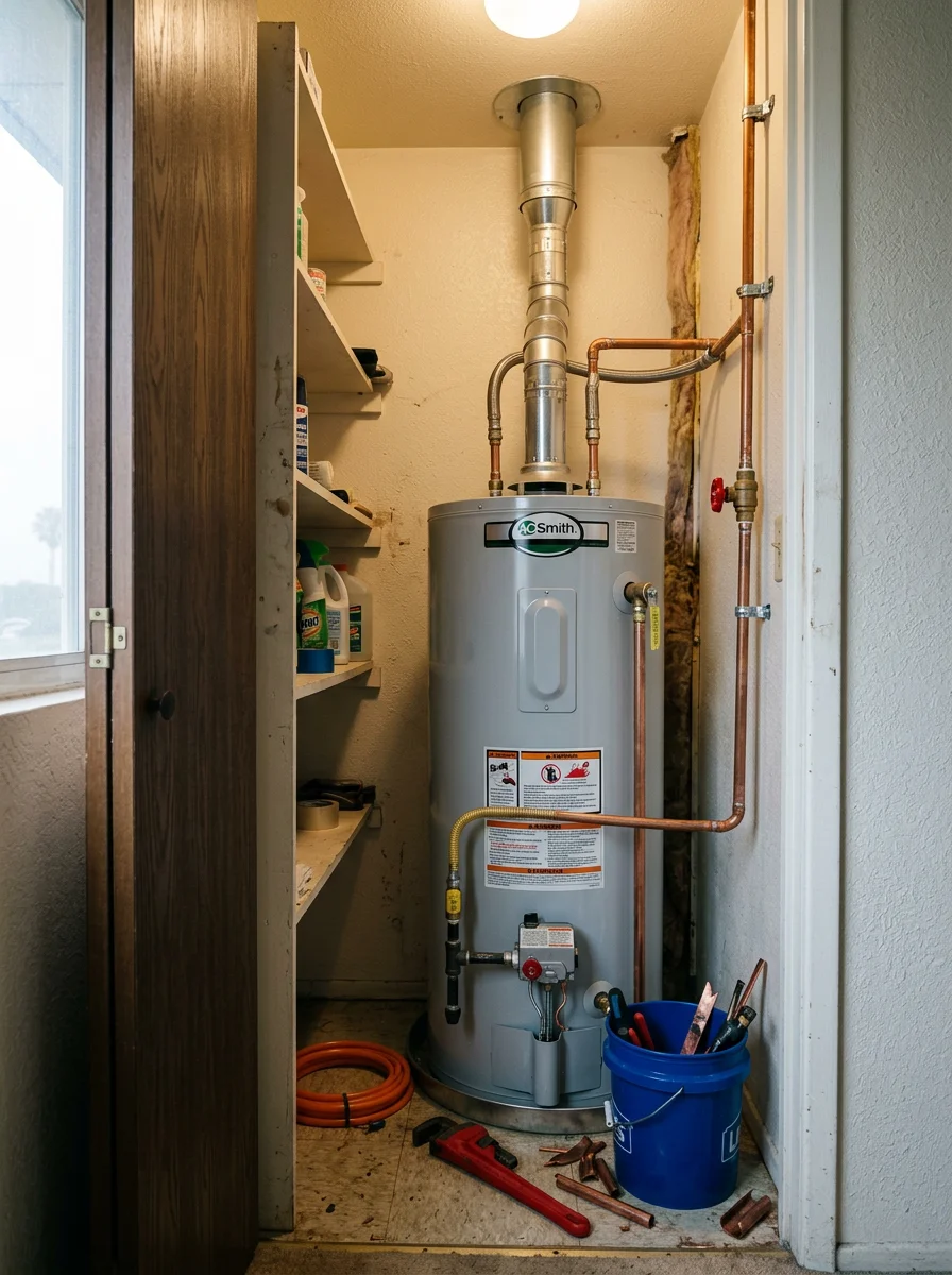 A water heater installation in a compact utility closet of a Seal Beach cooperative unit in Leisure World, showing the new tank and flue connection.