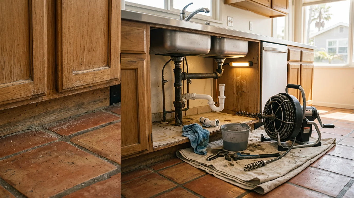 A plumber clearing a blocked kitchen drain in a Newport Beach home, with professional drain cleaning equipment visible on the countertop beside the sink.
