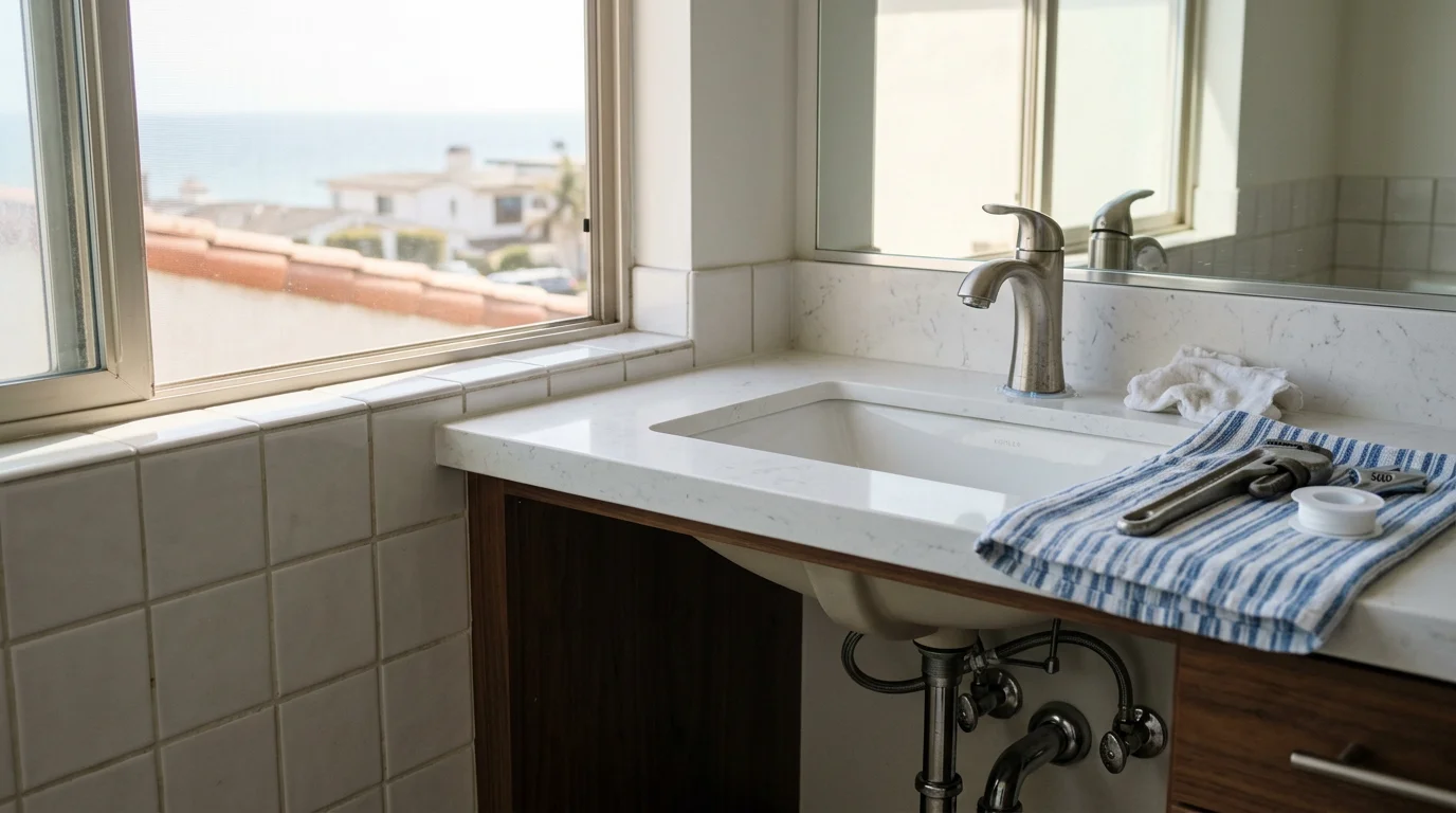 A plumber installing a kitchen faucet beneath a sink in a Newport Beach home, with supply line connections visible and tools laid out on the cabinet floor.