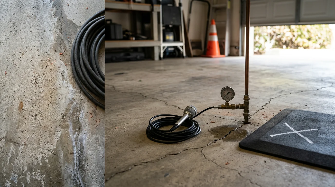 A plumber using acoustic leak detection equipment on the floor of a Newport Beach home with a concrete slab foundation. The technician is tracing a hidden pipe leak beneath the floor without cutting into the surface.
