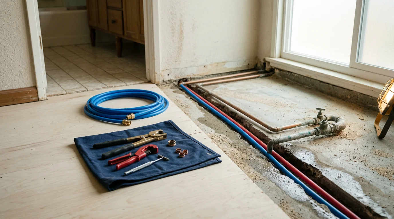 A plumber repairing a corroded supply line joint beneath a kitchen sink in a Newport Beach, CA home. Water damage staining is visible on the cabinet interior behind the repaired fitting.