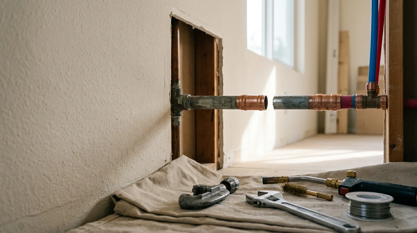 A plumber repairing a corroded galvanized supply pipe inside the wall of a residential home in Newport Beach, CA. Exposed pipe section shows visible corrosion typical of older coastal properties in Orange County.