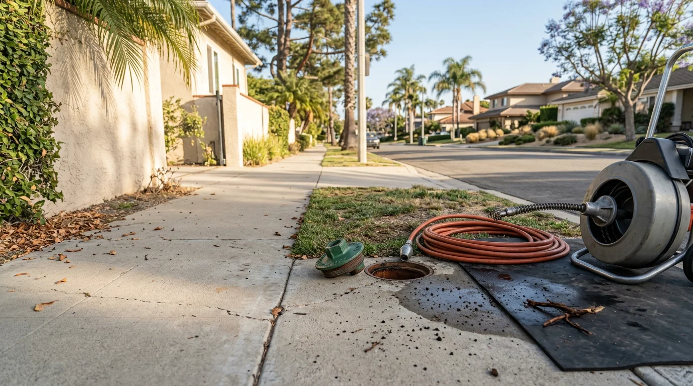 A plumber from New Era Plumbing & Drains Specialists Inc. accessing a residential sewer cleanout on a Newport Beach property to clear a blocked main sewer lateral. The work area shows a coastal residential street with mature trees overhead.