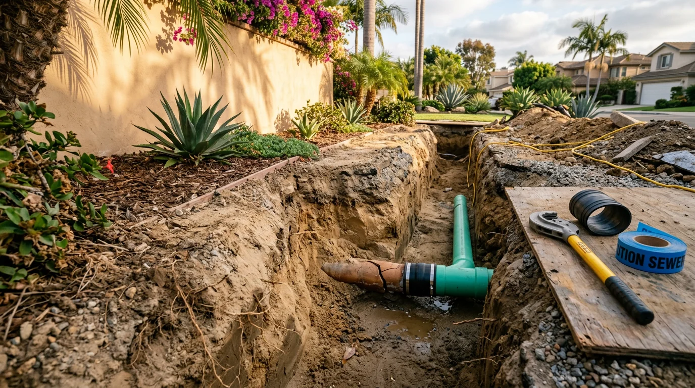A plumber from New Era Plumbing & Drains Specialists Inc. reviewing a sewer camera inspection monitor beside an open cleanout access point in a Newport Beach residential yard. The screen shows the interior of an older clay sewer lateral with visible root intrusion and joint cracking.