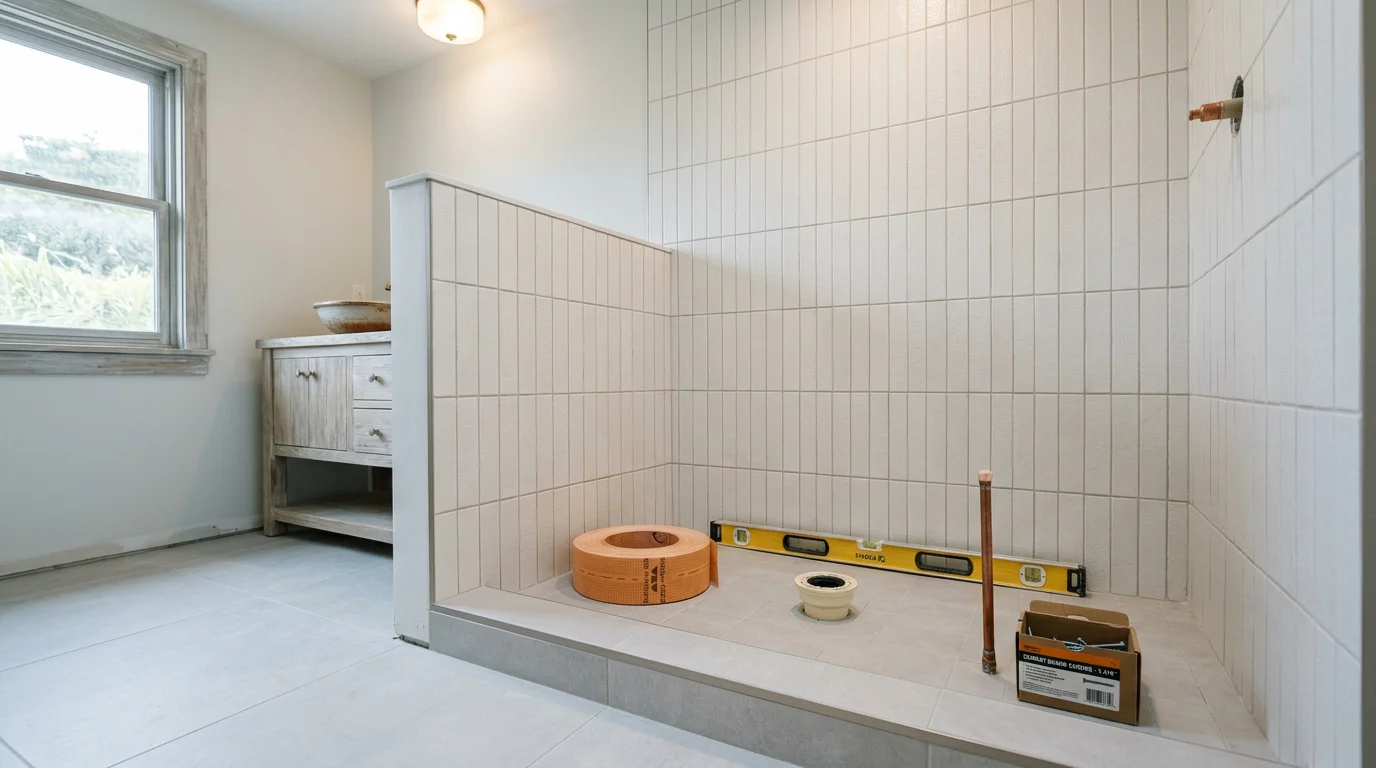 A newly installed walk-in shower in a Newport Beach, CA home, showing a clean drain, finished wall connections, and a properly sealed shower pan. The bathroom reflects a typical residential layout found in the coastal Orange County area.