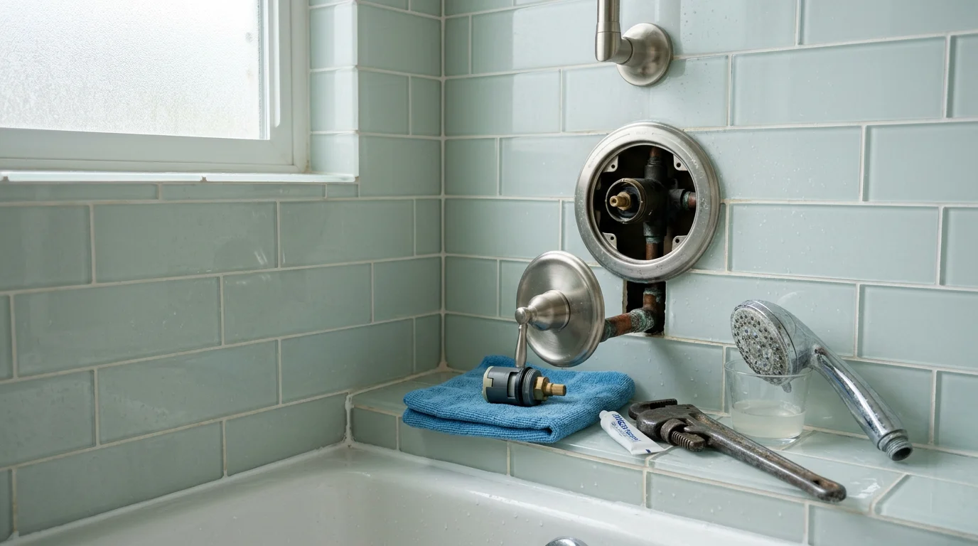 A plumber repairing a shower valve inside a residential bathroom in Newport Beach, CA. The shower pan and tiled walls are visible, with plumbing access open behind the fixture.