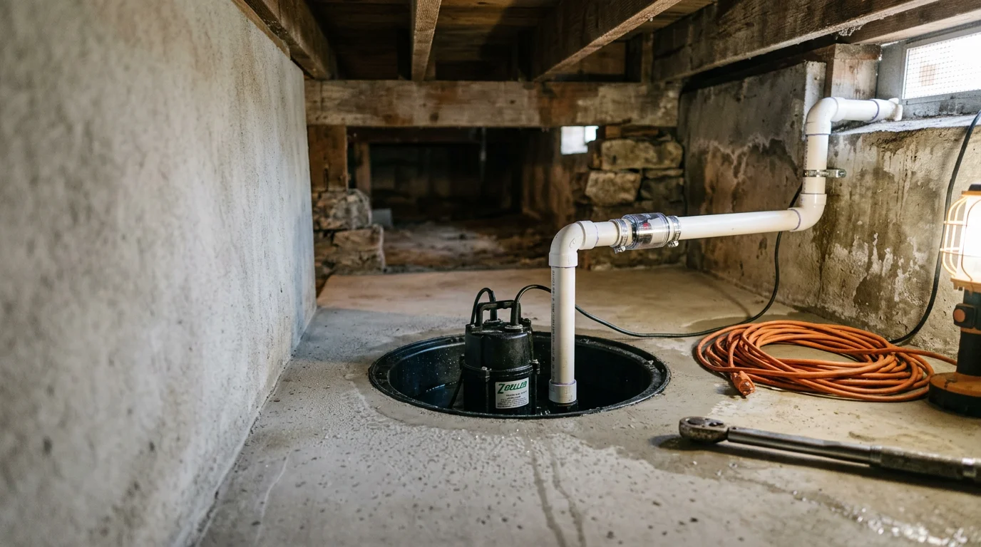 A newly installed sump pump sitting in a concrete sump pit inside a crawl space beneath a Newport Beach home. The discharge line runs along the foundation wall toward an exterior exit point.