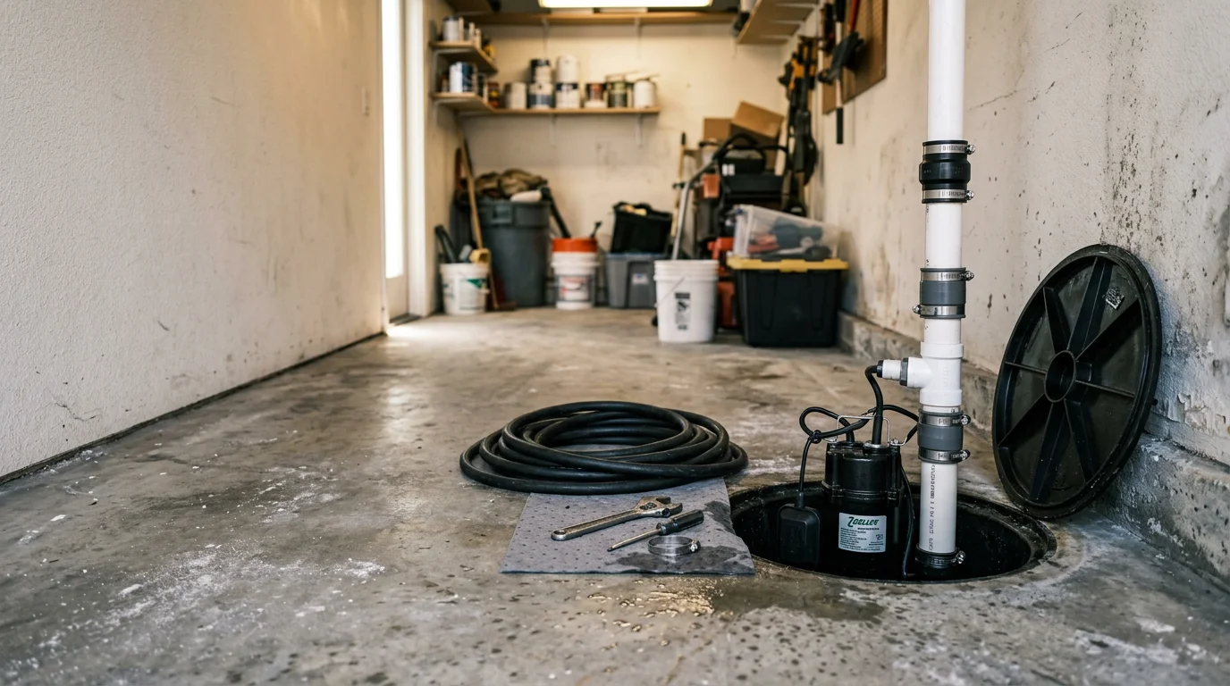A plumber inspecting and repairing a residential sump pump installed in a drainage pit, with a coastal Newport Beach home visible in the background. The technician examines the float switch assembly and discharge line connection during a service call.