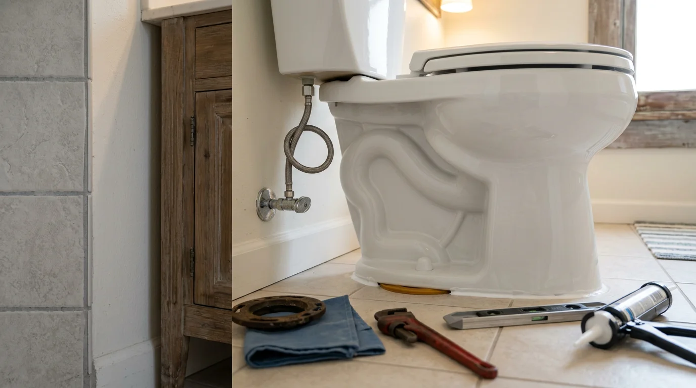 A newly installed white toilet in a clean residential bathroom in Newport Beach, CA. A plumber checks the base and supply line connection to confirm a proper seal.