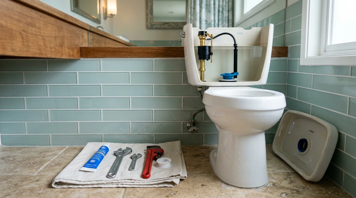 A plumber inspecting the internal tank components of a residential toilet in a Newport Beach, CA bathroom. The tank lid is set aside and the fill valve and flapper are visible during a repair service call.