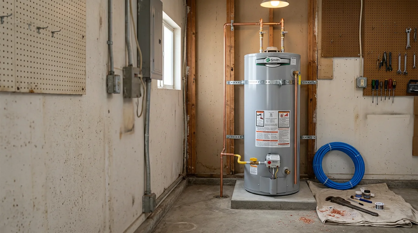 A newly installed water heater in a Newport Beach, CA home utility space, with fresh supply line connections, seismic strapping, and proper venting in place. The installation shows a clean, code-ready setup suited to the coastal environment.