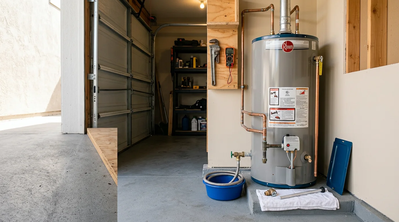 A plumber inspecting a residential tank water heater in a garage utility space in Newport Beach, CA. The technician examines the T&P valve and connections on a unit showing early signs of mineral scale buildup.